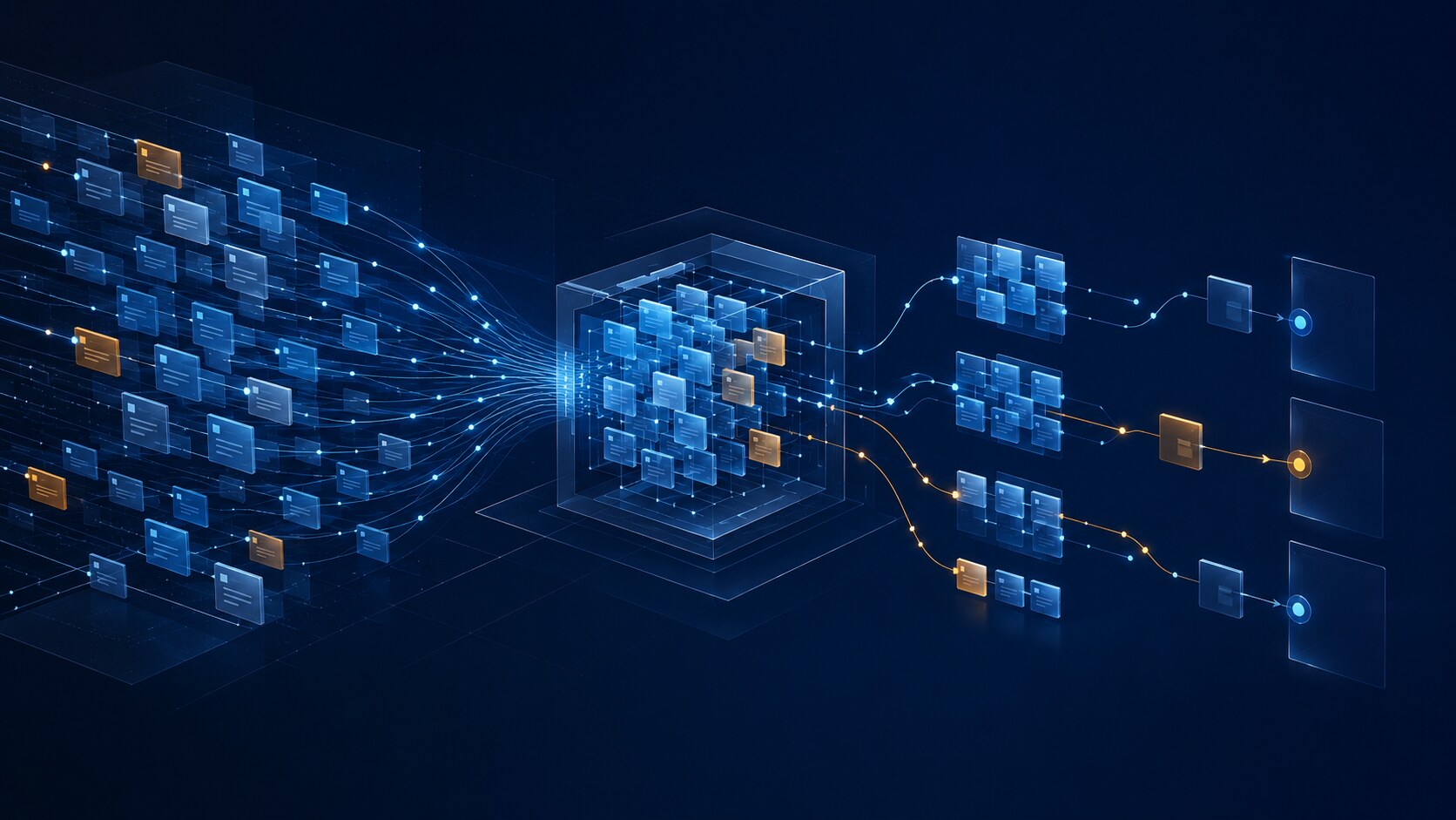 Conceptual technical visualization of fragmented record streams becoming organized and connected